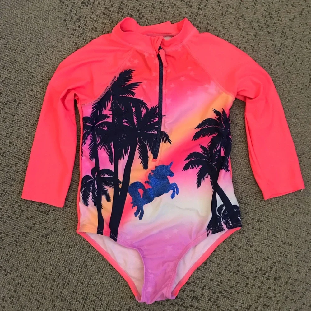 Kids' Coral Pink Unicorn Palm Long-Sleeve Swimsuit limited too